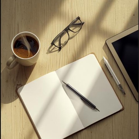 Scrivania con agenda, penna e strumenti di lavoro